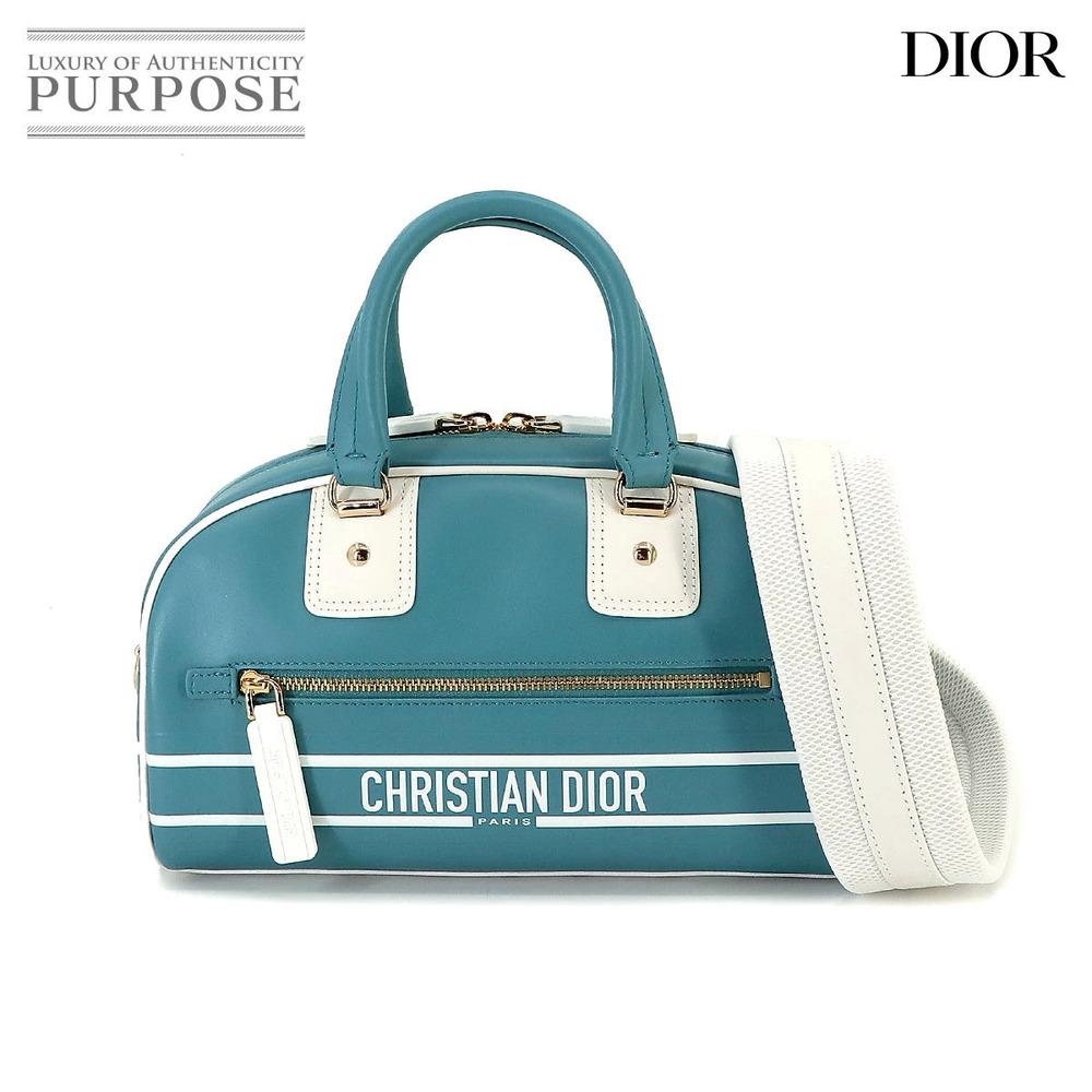 Christian Dior Vibe Bowling Bag Hand Shoulder Leather Turquoise Blue White